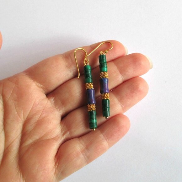 Natural Malachite Kingman Purple Turquoise Earrings Gold Vermeil Sterling Silver - Picture 2 of 6